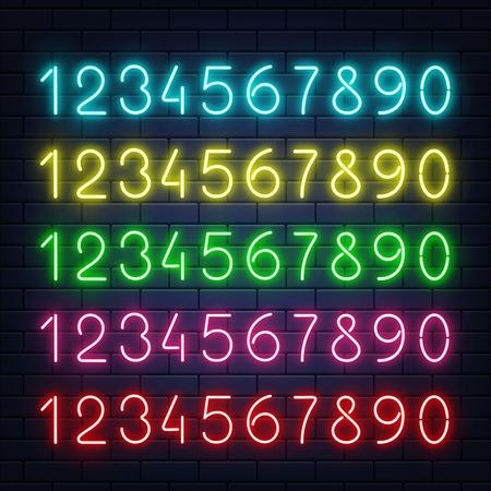 Vector glowing neon blue yellow red green pueple numbers set at dark brick wall background. Bar, pub signage design elements, elluminated electric numerical elements collection illustrationのイラスト素材