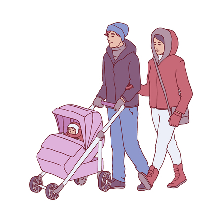 Vector illustration of young parents with baby in pram walking in wintertime in sketch style - hand drawn happy family in warm winter clothes isolated on white background.のイラスト素材