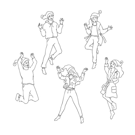 Vector illustration set of young people in warm winter home clothes and Santa Claus hats jumping with happiness in sketch style - isolated hand drawn friends celebrating Christmas and New Year.のイラスト素材
