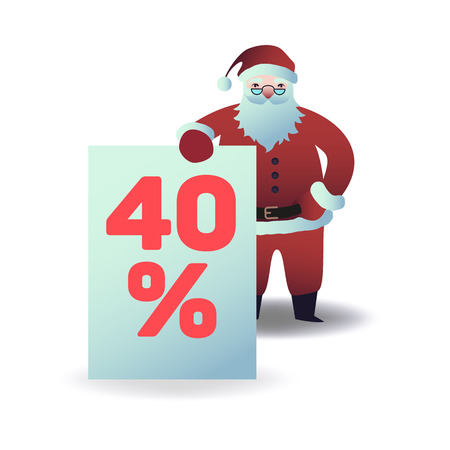 Vector illustration of santa claus holding plate with 40 percent sign in flat cartoon style - Christmas and New Year symbol for holiday and seasonal sale design isolated on white background.のイラスト素材
