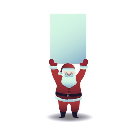 Vector illustration of Santa Claus holding blank paper placard overhead in flat cartoon style - Christmas and New Year symbol for holiday greeting design isolated on white background.のイラスト素材