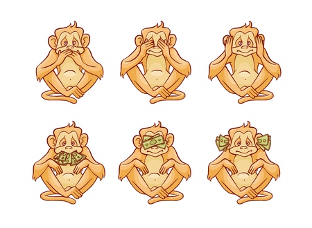 Vector illustration set of three monkeys dont speak, hear and see covering his eyes, ears and mouth with hands and stacks of green money banknotes in sketch style isolated on white background.のイラスト素材