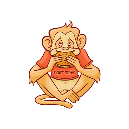 Vector illustration of monkey dont speak because eating big hamburger in sketch style isolated on white background - hand drawn wild animal with mouth closed with sandwich.のイラスト素材