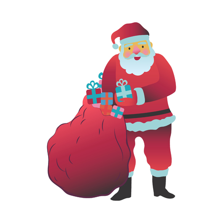 Vector illustration of Santa Claus in red costume and hat standing and taking gift boxes out of big bag isolated on white background - Christmas and New Year congratulation element in flat style.のイラスト素材