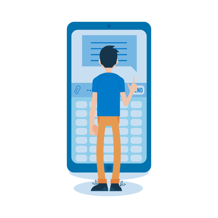 Vector cheerful young man standing near huge smartphone device typing number. Modern technology and social communication. Male character and mobile phone.のイラスト素材
