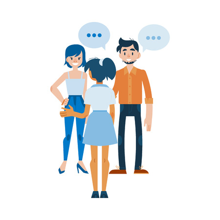 Vector young women and man in casual clothing talking to each other gesticulating with empty speech bubble above head. Friends or colleagues and social communication. Flat illustrationのイラスト素材