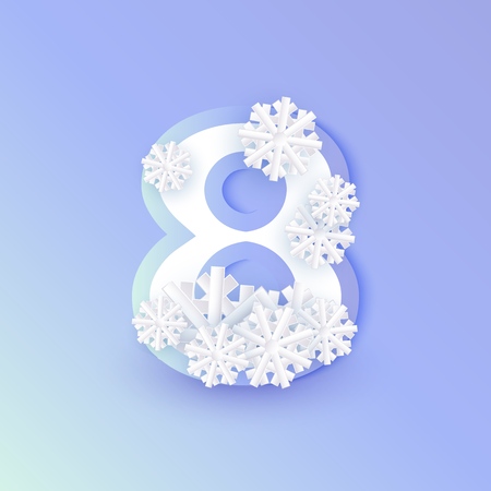 Vector winter eight number 8 with snowflakes and ice on blue background. Seasonal typography symbol with north frost snowflakes, christmas, new year holiday symbol for seasonal decoration designのイラスト素材