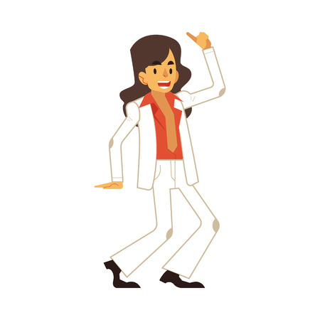 Vector illustration of man dancing disco in flat cartoon style. Happy smiling male character wearing cloth and hair in 70s fashion style doing dance moves isolated on white background.のイラスト素材
