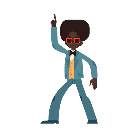 Vector illustration of african man dancing disco in flat cartoon style - male character wearing cloth and hair in 70s fashion style doing dance moves and having fun isolated on white background.のイラスト素材