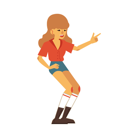 Vector illustration of woman dancing disco isolated on white background. Happy smiling female character wearing cloth and hair in 70s fashion style doing dance moves in flat cartoon style.のイラスト素材