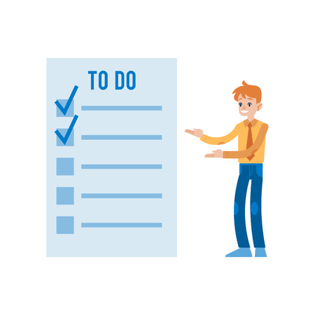 Vector illustration of planning and time management concept in flat style - isolated young little businessman standing and showing at huge paper sheet with tasks list with marks.のイラスト素材