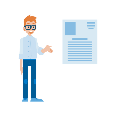 Vector illustration of businessman delivering presentation at meeting or lecture - flat young male character representing digital page of his project isolated on white background.のイラスト素材