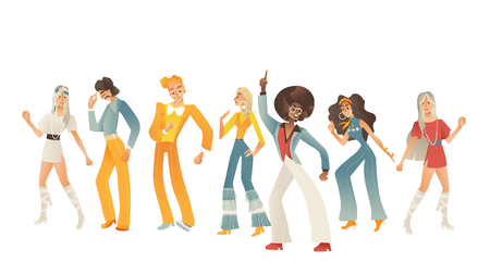 Disco dancing people vector illustration set with various men and women with retro clothes and hairstyles in cartoon gradient style isolated on white background. Dancers in 70s fashion style.のイラスト素材
