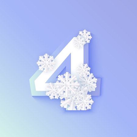 Vector winter four number 4 with snowflakes and ice on blue background. Seasonal typography symbol with north frost snowflakes, christmas, new year holiday symbol for seasonal decoration designのイラスト素材