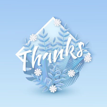 Vector illustration of Thanks text winter natural design with white word surrounded by blue tree leaves and falling snowflakes in rhombus shape in paper art style - seasonal gratitude layout.のイラスト素材