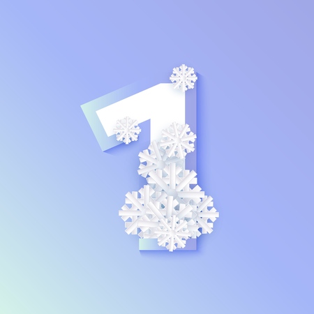 Vector winter one number 1 with snowflakes and ice on blue background. Seasonal typography symbol with north frost snowflakes, christmas, new year holiday symbol for seasonal decoration designのイラスト素材