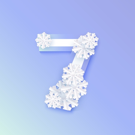 Vector winter seven number 7 with snowflakes and ice on blue background. Seasonal typography symbol with north frost snowflakes, christmas, new year holiday symbol for seasonal decoration designのイラスト素材