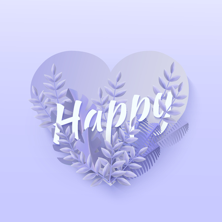 Vector illustration of Happy text natural design with blue tree leaves around white word in heart shape in paper art style isolated on blue gradient background - romantic floral seasonal layout.のイラスト素材
