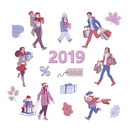 Vector sketch 2019 new year, christmas holiday sale, discount or clearance symbols, leaves and characters set. Happy cheerful men and women, kids running with present boxes, shopping bags, packagesのイラスト素材
