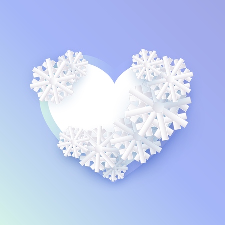 Vector winter background template with abstract snowflakes with heart shape frame text space. New year, christmas holidays wallpaper, layout with seasonal florals and icy snow.のイラスト素材