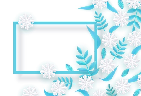 Vector winter background template with abstract fresh green leaves and snowflakes with rectangle frame. New year, christmas holidays wallpaper, layout with seasonal florals and icy snow.のイラスト素材