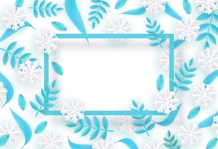 Vector winter background template with abstract fresh green leaves and snowflakes with rectangle frame. New year, christmas holidays wallpaper, layout with seasonal florals and icy snow.のイラスト素材