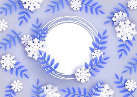 Vector winter background template with abstract fresh blue leaves and snowflakes with grunge circle frame text space. New year, christmas holidays wallpaper, layout with seasonal florals and icy snowのイラスト素材