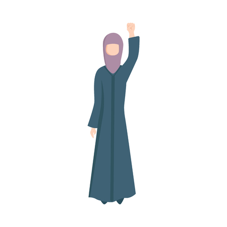 Vector young muslim woman in ethnic hijab clothing standing raising fist up as sign of feminism, female rights and rebellion. Arab girl against discrimination. Isolated illustrationのイラスト素材