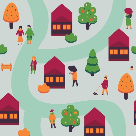 Vector autumn city landscape with people walking on streets with umbrella, couple sitting at street bench under streetlight. Countyside background for game level map design or decorationのイラスト素材