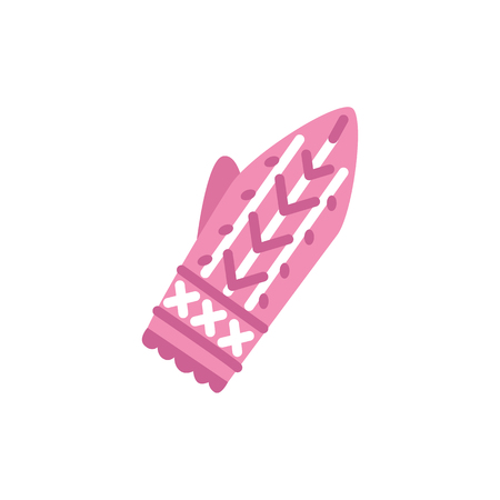 Cute red knitted mittens with abstract christmas print icon. Cold weather, winter outdoor leisure activity cloth with traditional ornament. Vector isolated illustration.のイラスト素材