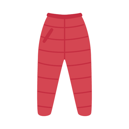 Vector warm trousers, pants red flat icon. Cold weather season autumn, winter outdoor clothing for active leisure, outdoor sport activities. Male, female garment, apparel.のイラスト素材