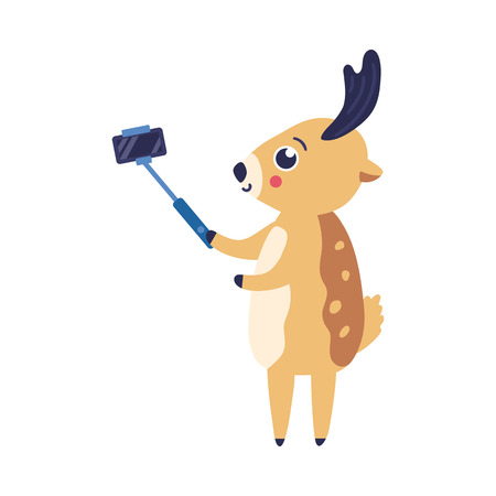 Vector illustration of cartoon reindeer doing selfie with smartphone and stick isolated on white background - cute horned animal photographing himself with camera on mobile phone in flat style.のイラスト素材