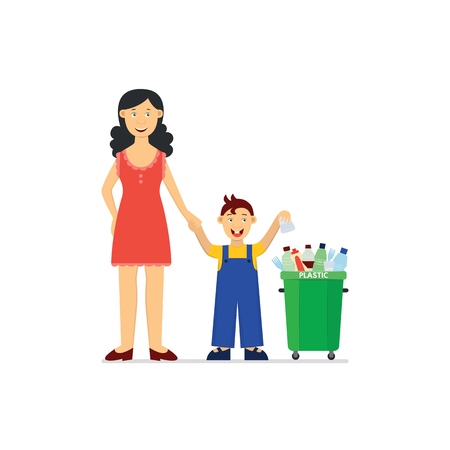 Recycle and waste segregation and sorting concept - little kid boy with mother throwing disposable cup into green trash bin for plastic rubbish in isolated flat vector illustration.のイラスト素材