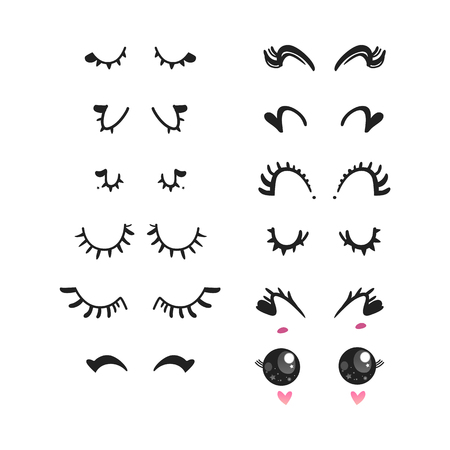 Eyelashes vector illustration set - different pretty cute cartoon false girly or unicorn lashes on closed smiling or sleeping and open eyes with stars reflection isolated on white background.のイラスト素材