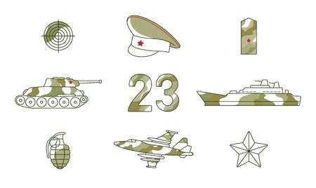 Vector flat 23th of february, Russian Defender of the Fatherland Day symbol icon set. Warship boat, armored tank, military aircraft jet, plane, army star and sniper target. Isolated illustrationのイラスト素材