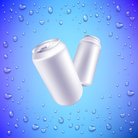 Vector aluminium can mockup for beer or soda fresh drink packaging design. Soft or alcohol drink metal container on water drops background. Refreshing beverage in metal tin.のイラスト素材