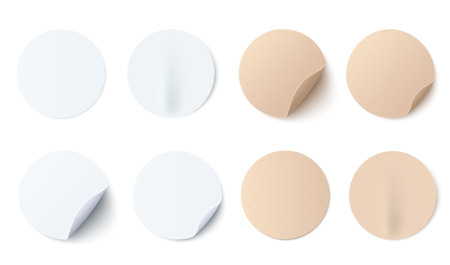 Vector illustration set of white and brown round blank paper stickers in realistic style - mock up collection of circle adhesive curled paper labels isolated on white background.のイラスト素材