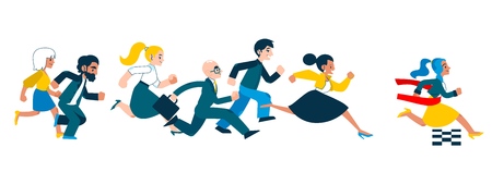 Business success and competition concept with people in suits running in flat style - isolated vector illustration of race with businesswoman crossing finish line and tearing red ribbon.のイラスト素材