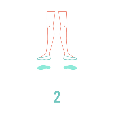 Vector illustration of ballerina feet in pointe shoes standing in second ballet position in flat line style isolated on white background. Female legs performing classical ballet technique.のイラスト素材