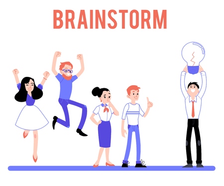 Vector brainstorm character concept. Male, female business people coming up with idea, holding light bulb as creativity symbol, jumping raising hands in sign of success, thinking.のイラスト素材
