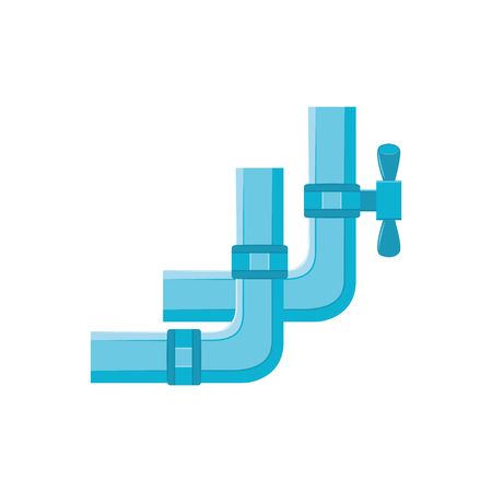 Blue plastic water pipe with valve in flat style isolated on white background - drain construction with faucet. Vector illustration of water supply or sewage plumbing system.のイラスト素材