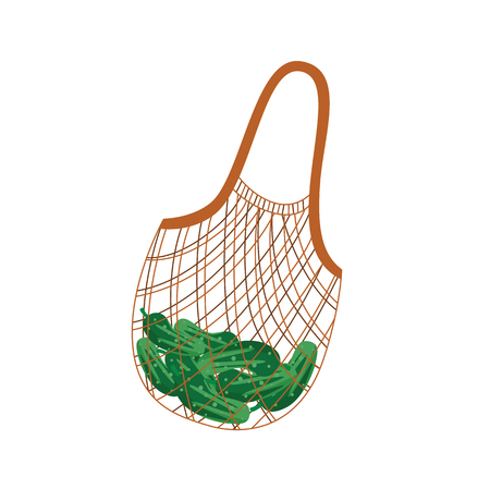 Textile string reusable shopping bag with green cucumbers for zero waste and eco friendly concept in flat style isolated on white background. Vector illustration of cloth package with products.のイラスト素材