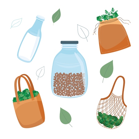 Zero waste, reuse and plastic reduce concept in flat style - vector illustration of different eco friendly and healthy cloth bags and glass bottles with food and drink isolated on white background.のイラスト素材