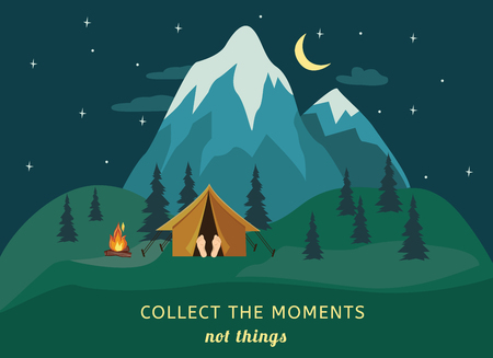 Vector camping tent with bonfire under forest trees on big beautiful ice peak mountain night star sky background. Travelling and advernture concept with collect the moments not things inscriptionのイラスト素材