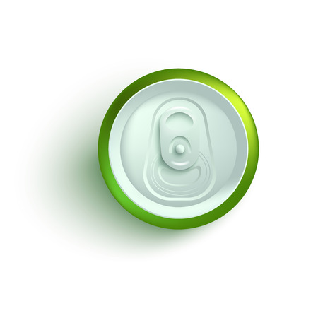 Top view of green aluminum soda or beer can mockup in realistic 3d style isolated on white background - vector illustration of tin for alcohol or fizzy drink branding and advertising.のイラスト素材