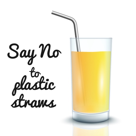 Vector no to plastic straws concept with cocktail straws in glass cup with orange or lemon juice. Environment pollustion prohibition, forbidden of disposable garbage cant be recycled.のイラスト素材