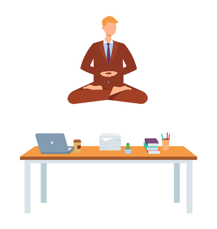 Vector man in corporate outfit, suit sitting in lotus posture practicing yoga above office workplace with laptop. Male character at relaxation session. Concept of meditation, healthy lifestyle.のイラスト素材