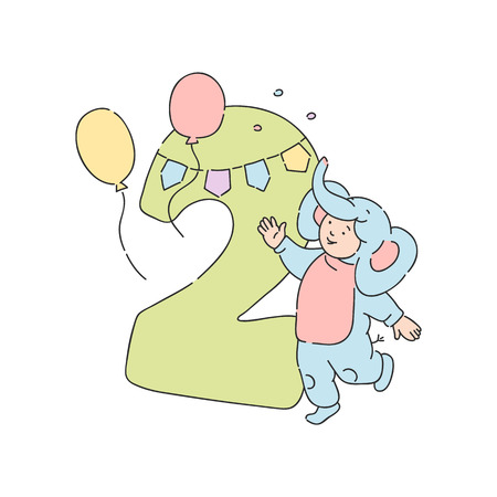 Vector funny kid in elephant fancy costume near two 2 holiday number with buntings, balloons and confetti. Children education, symbol for birthday party celebration design decorationのイラスト素材