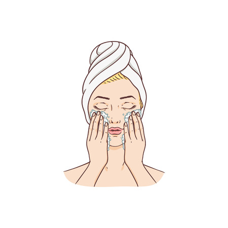 Vector young woman with towel and hairs removing make-up washing face. Face skincare treatment, cosmetic cleaning, spa products packaging design.のイラスト素材