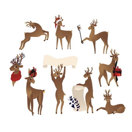 vector cute christmas reindeer set. Funny winter characters making selfie by smartphone with stick, holding poster, present in horns. Merry christmas holiday design animal, isolated illustrationのイラスト素材